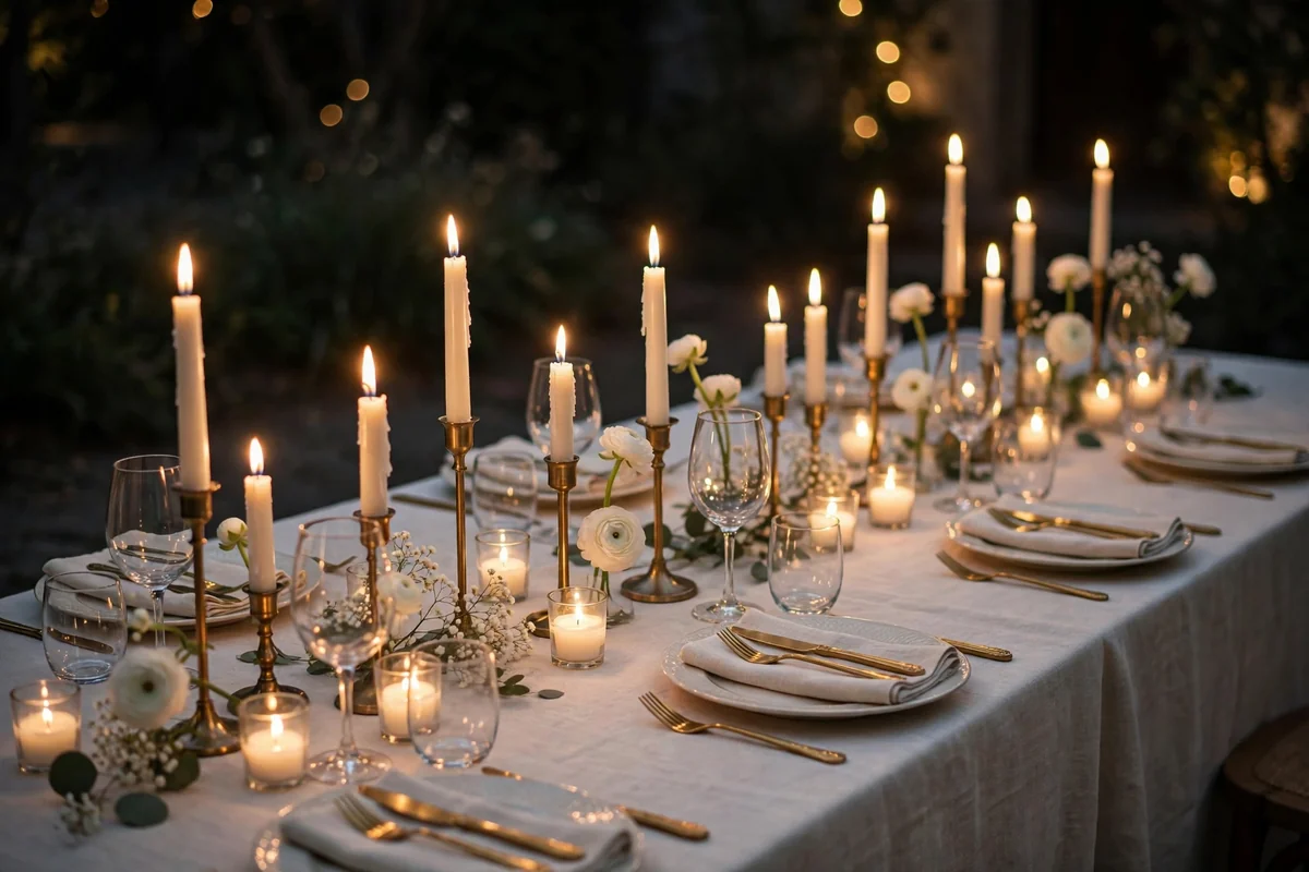 Elegant wedding table filled with glowing taper candles and votives