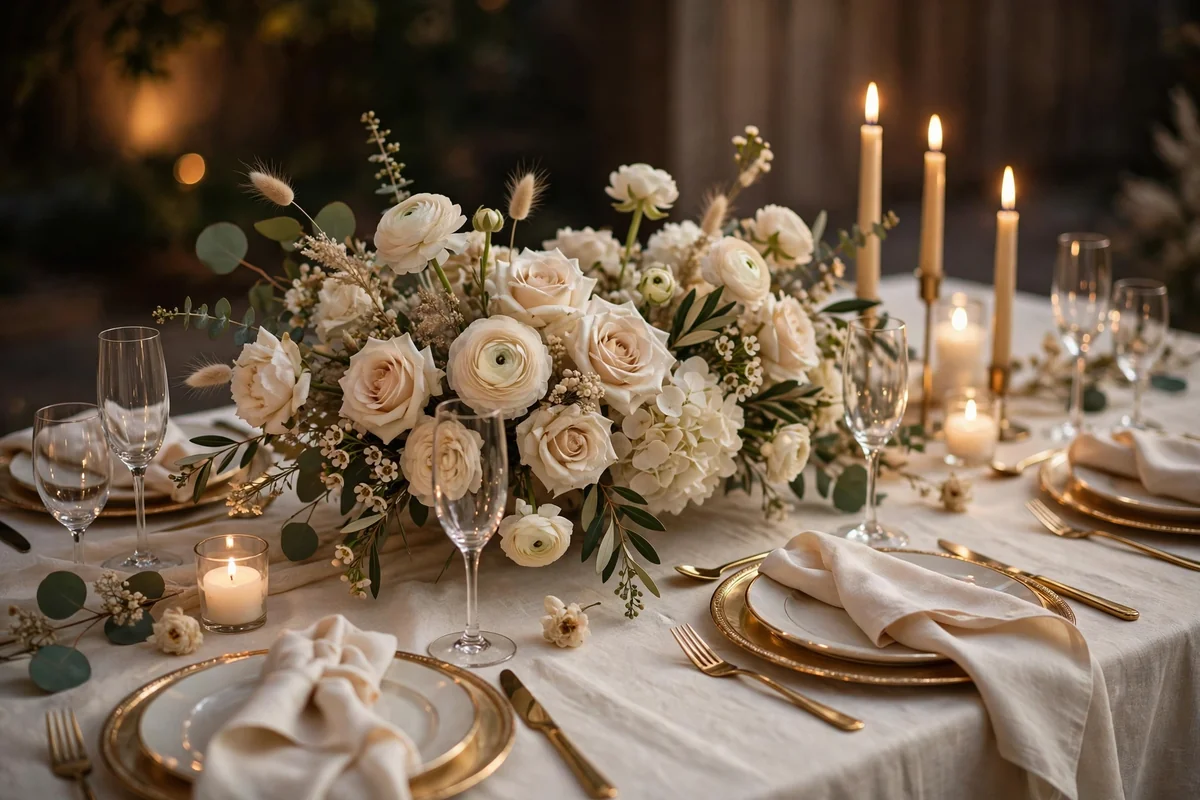 Refined wedding table in champagne and ivory tones with gold accents