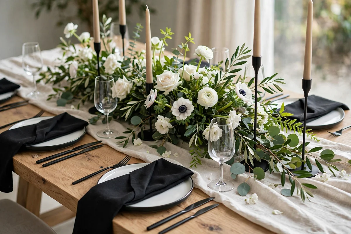Modern wedding table with black napkins white flowers and green foliage