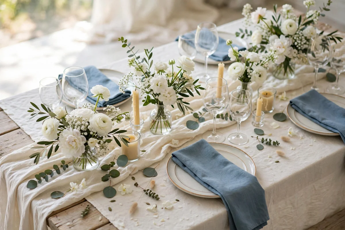 Romantic wedding table with dusty blue napkins and white flowers