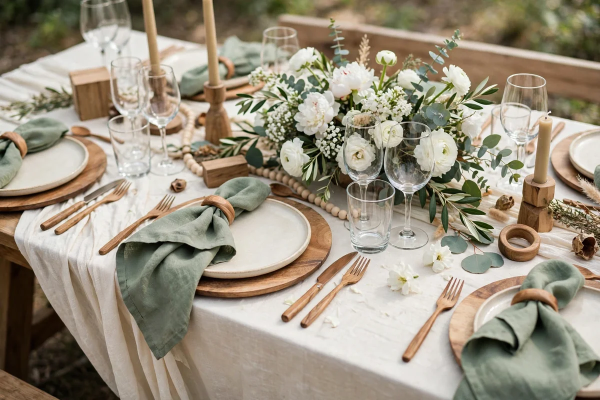 Wedding table styled with sage green linen napkins and ivory cloth