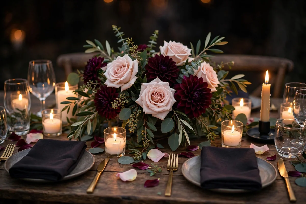Romantic wedding table with blush roses and deep burgundy dahlias