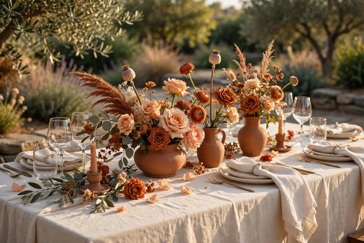 Outdoor wedding table with terracotta vessels and cream linen