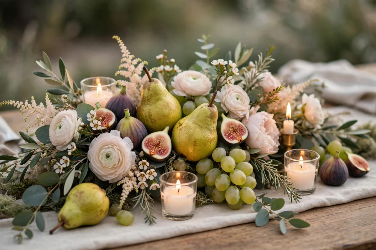 Low wedding centerpiece combining pears grapes figs with soft flowers