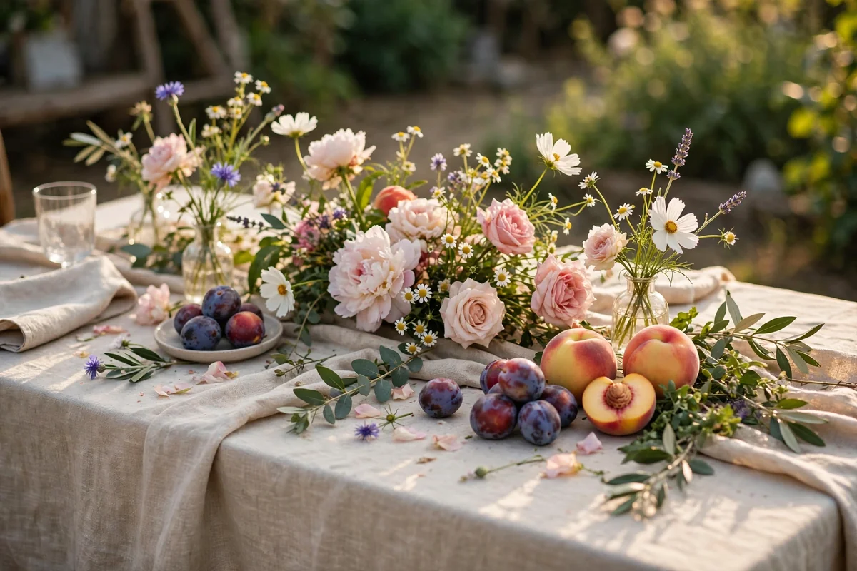 Summer wedding table with garden flowers peaches and plums