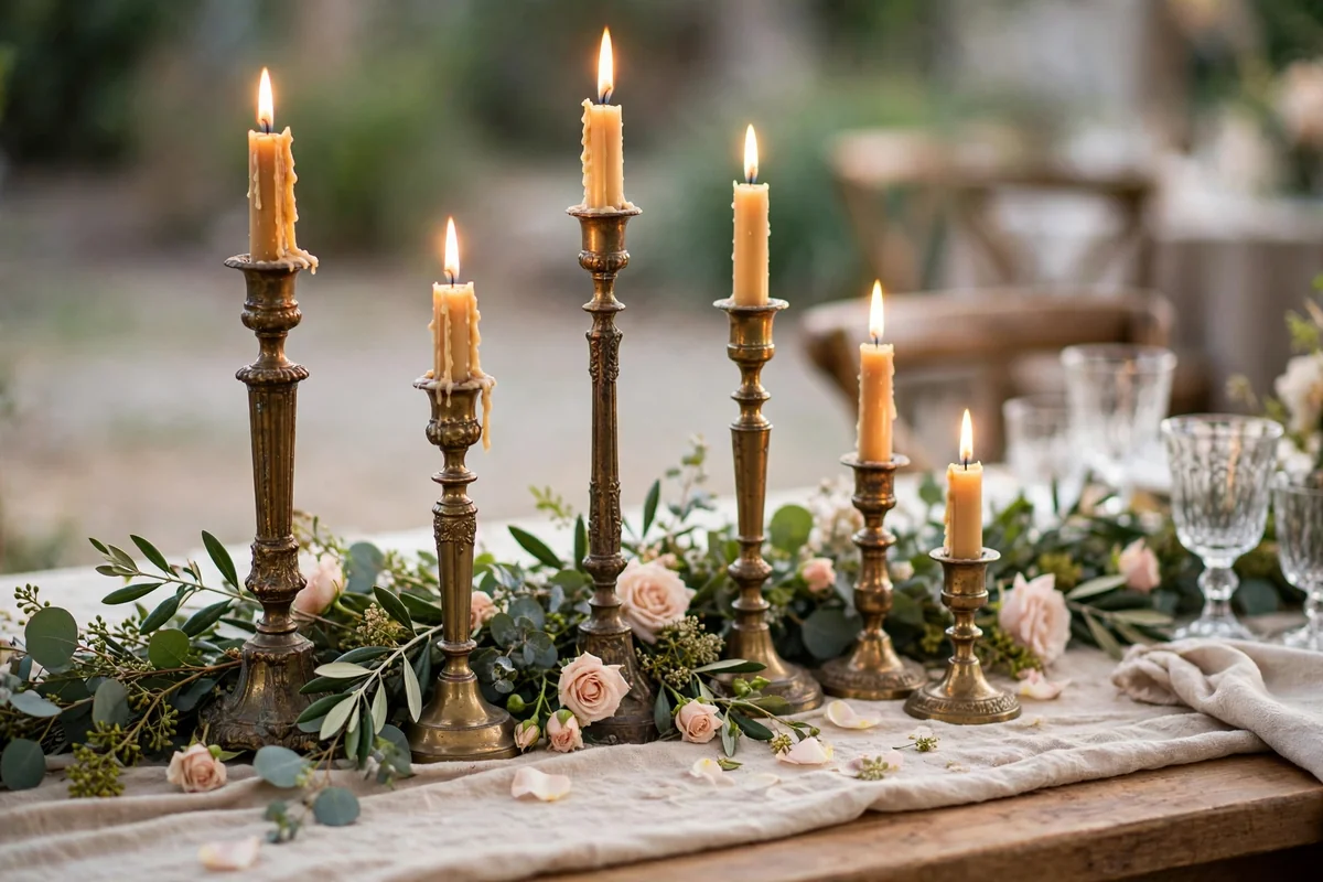 Wedding table with collected antique brass candleholders glowing
