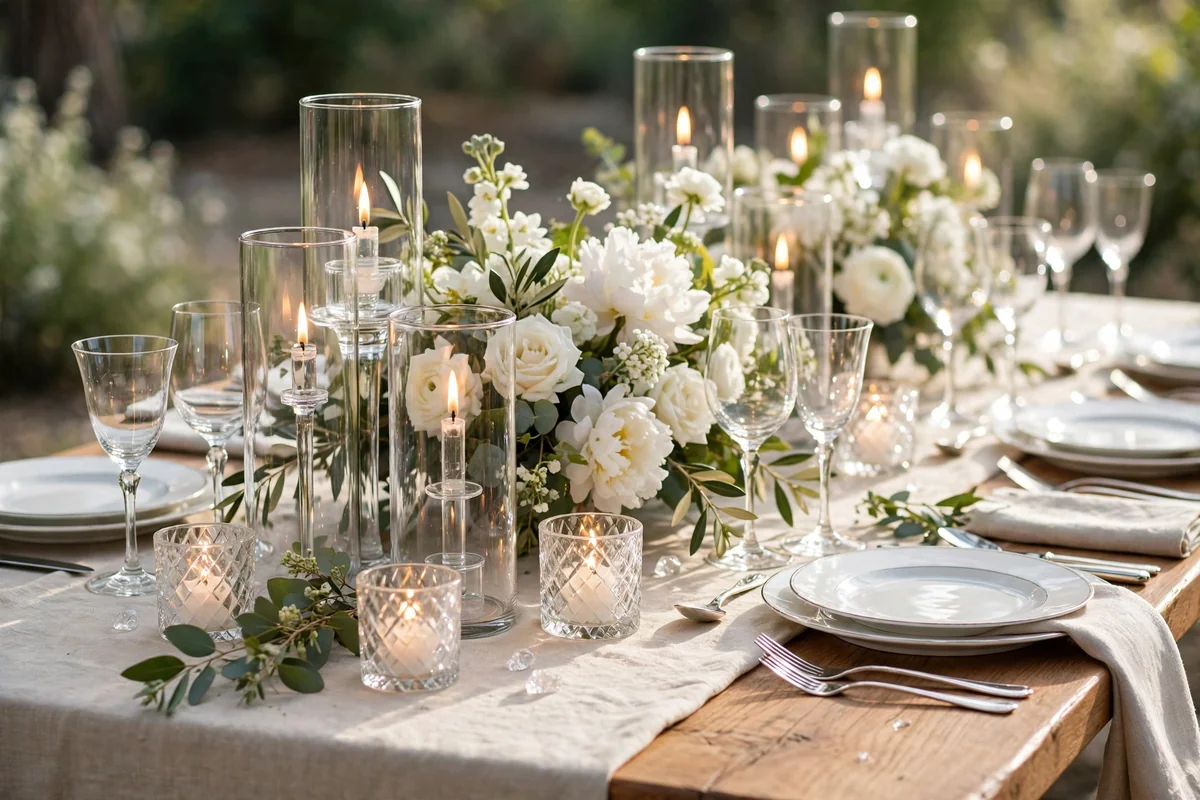 Elegant wedding table with clear glass candleholders and crystal votives
