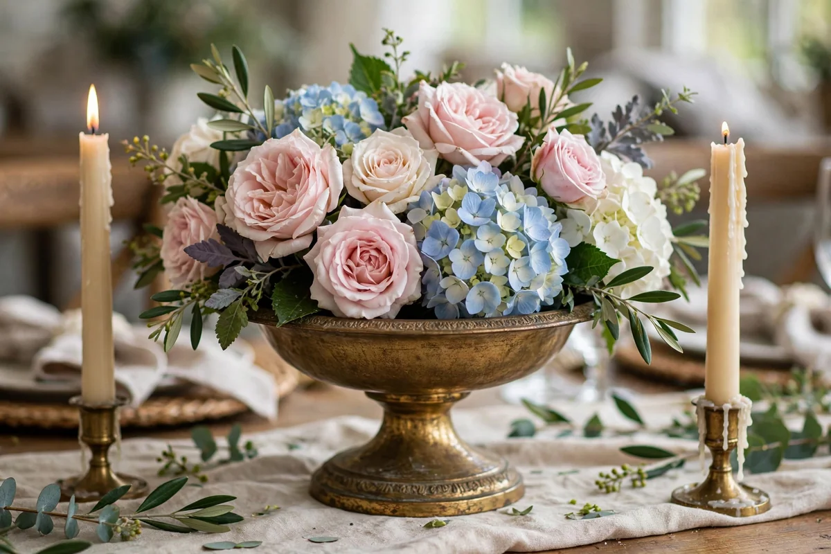 Vintage footed compote filled with garden roses as a wedding centerpiece