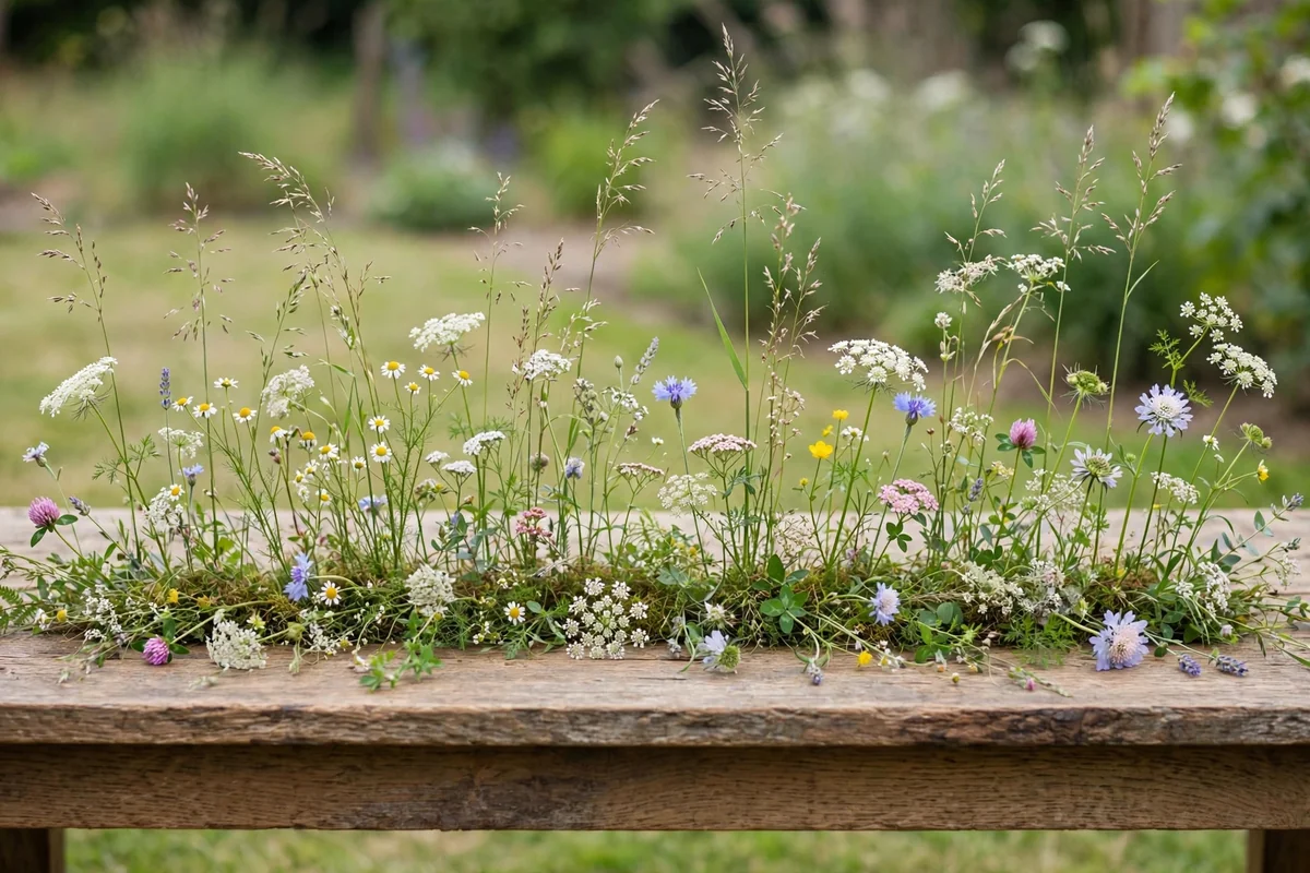 Meadow style wedding flowers growing naturally along the table center