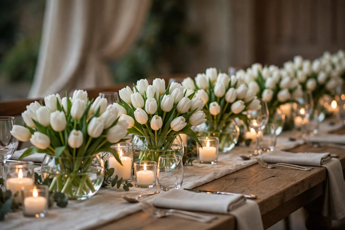 Wedding table with low vessels each filled with only white tulips