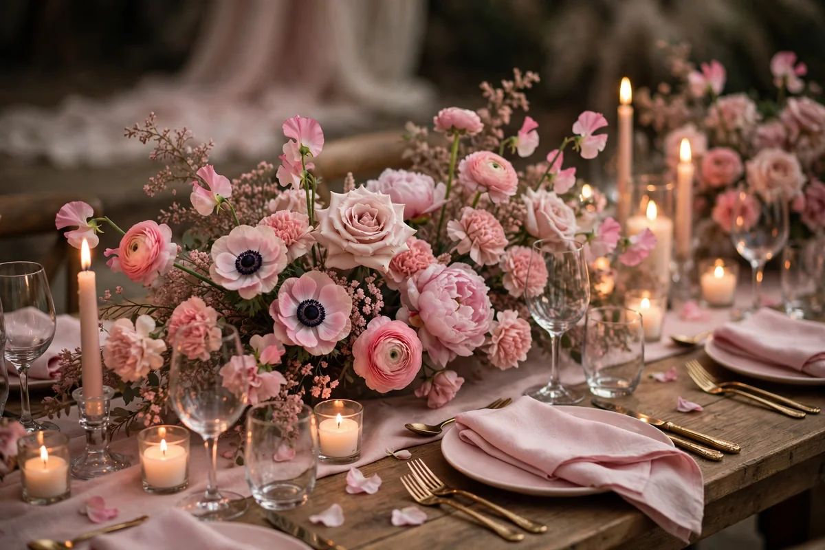 Romantic monochromatic wedding table with blush pink flowers