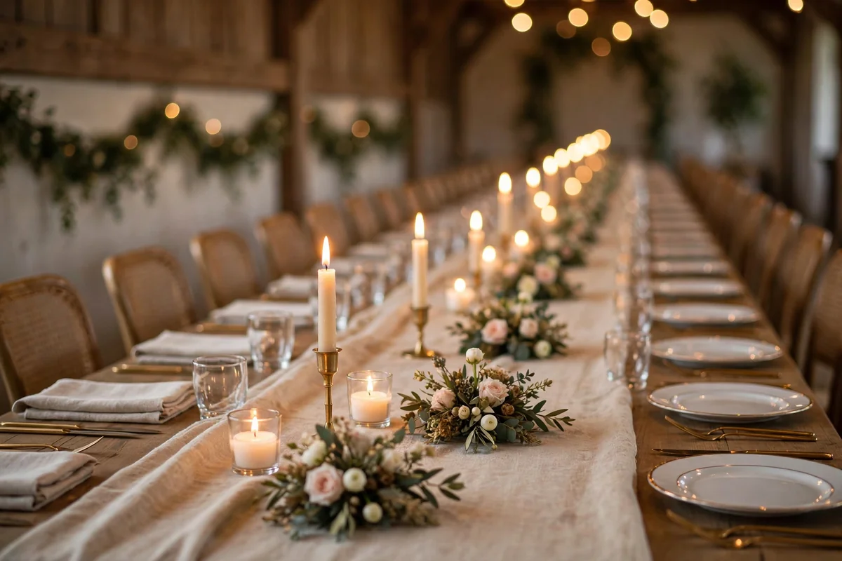 Long banquet wedding table with repeated floral clusters and candles