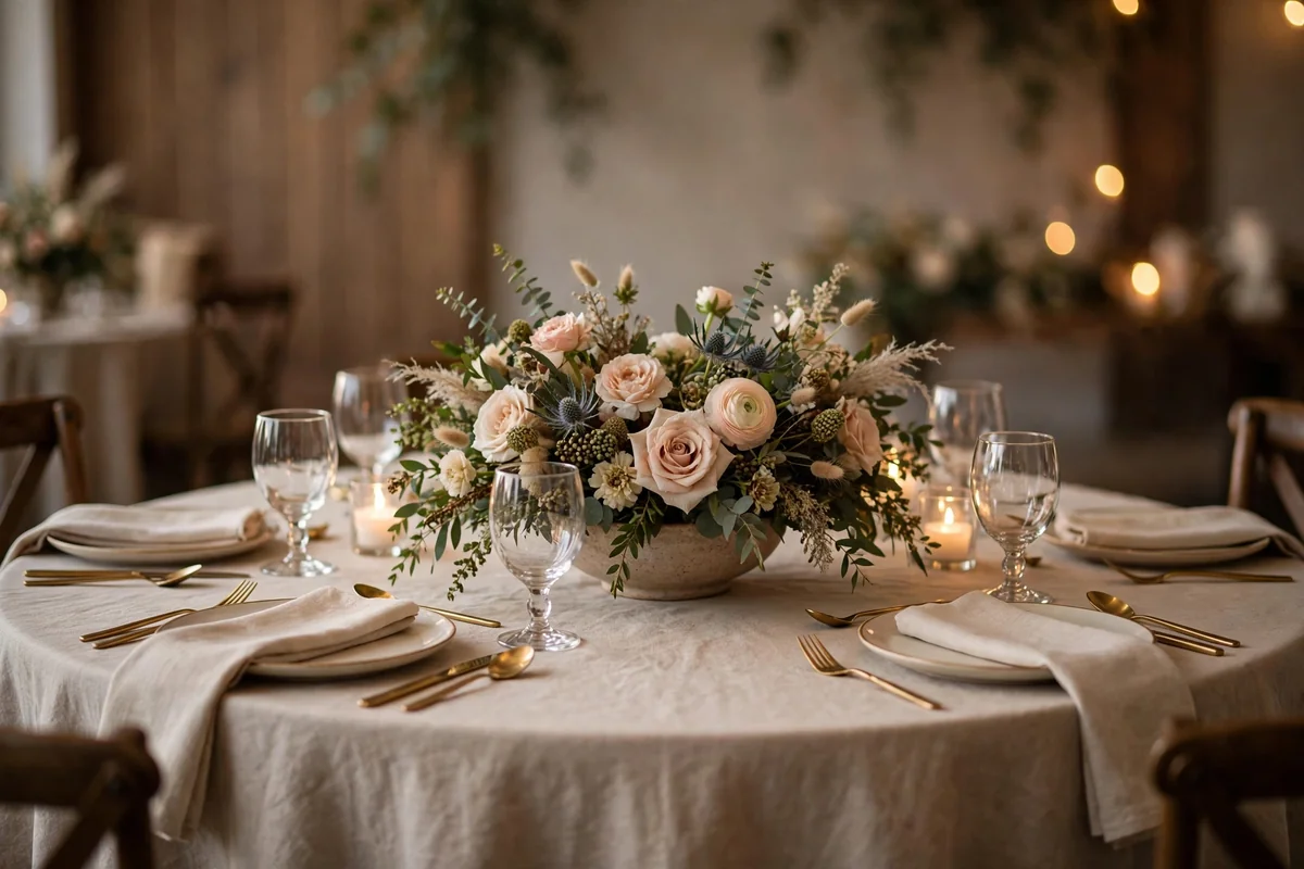 Round wedding table with one low floral bowl centerpiece