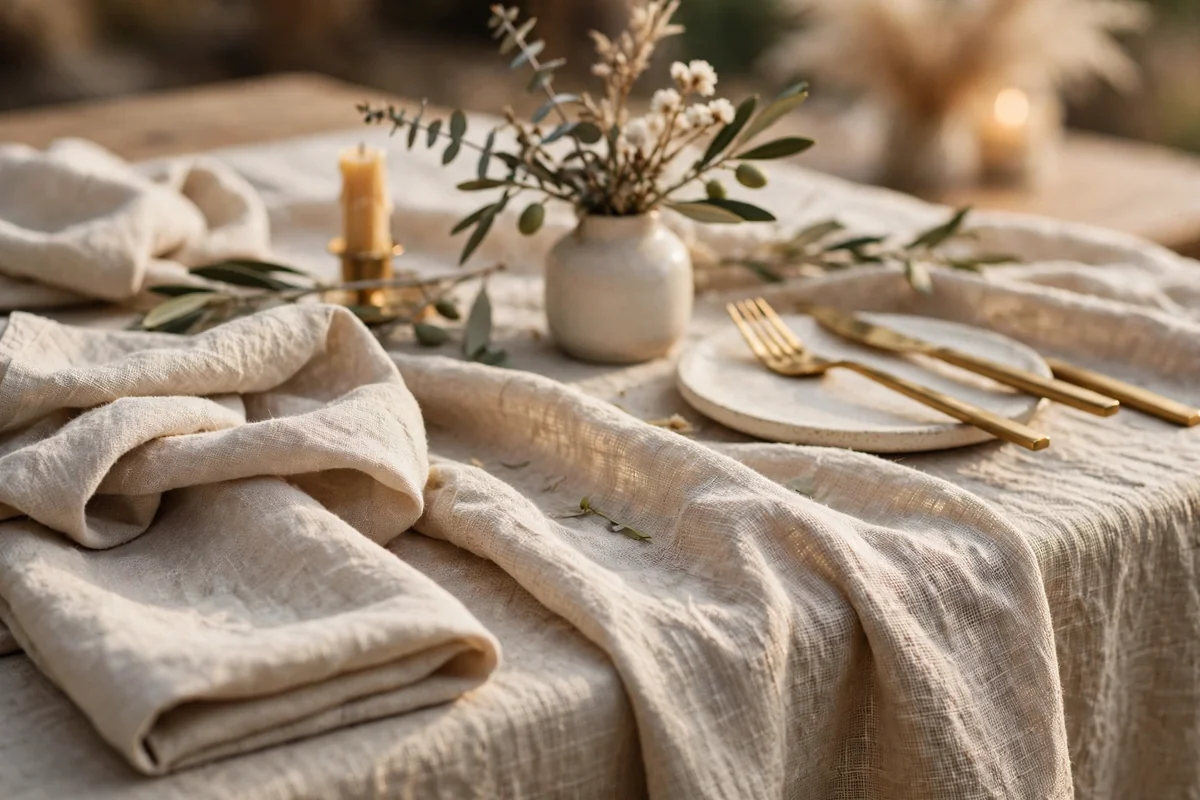 Wedding table focused on luxurious textured linen tablecloth