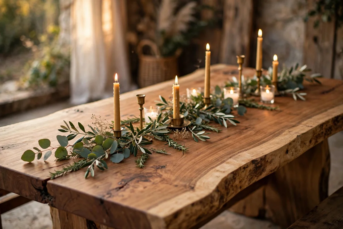 Exposed natural wood wedding table with greenery and candles