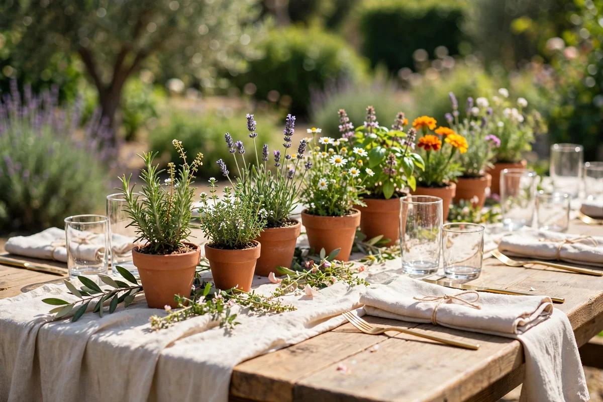 Garden wedding table with small terracotta pots of herbs and blooms