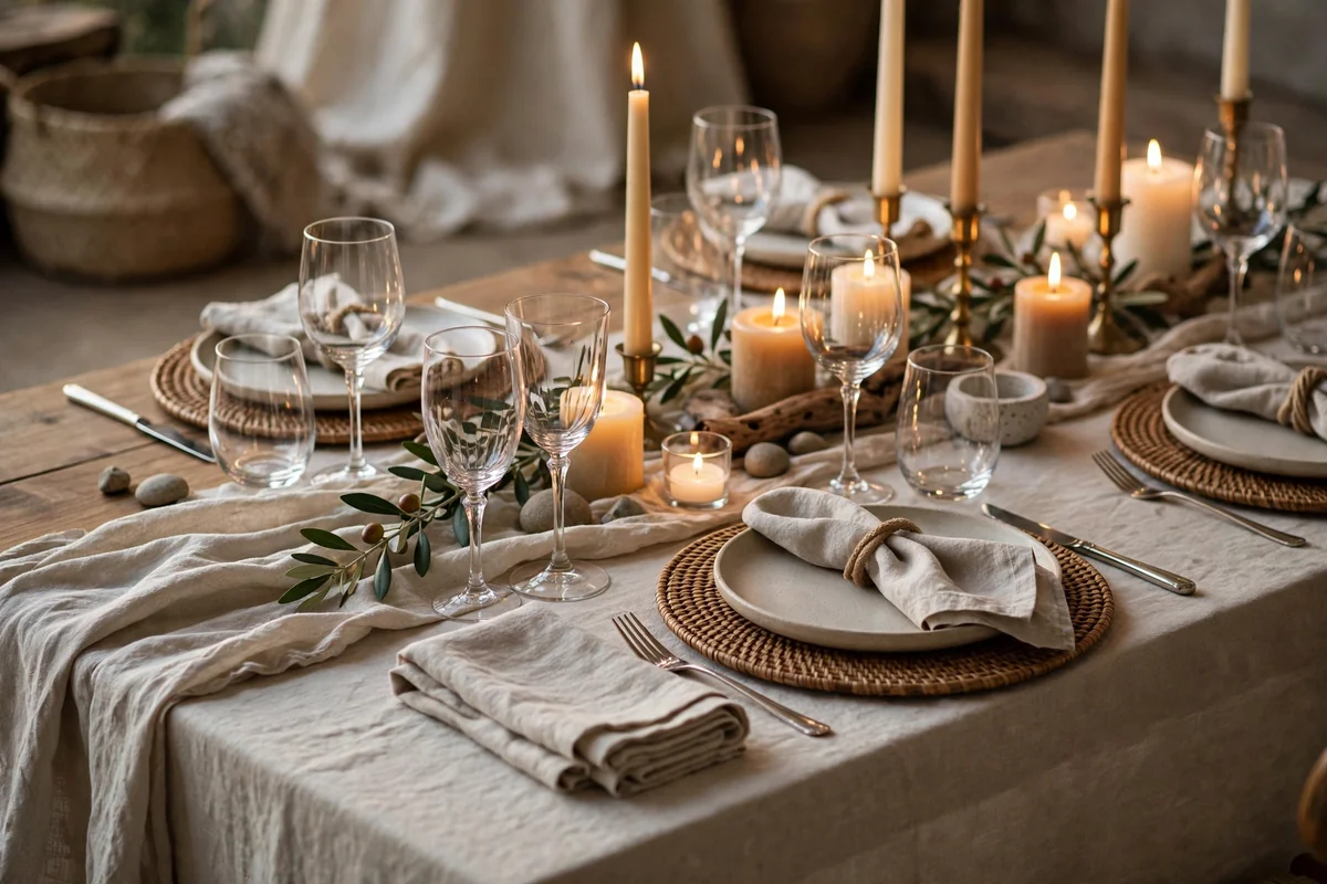 Elegant flower free wedding table with candles linen and glass