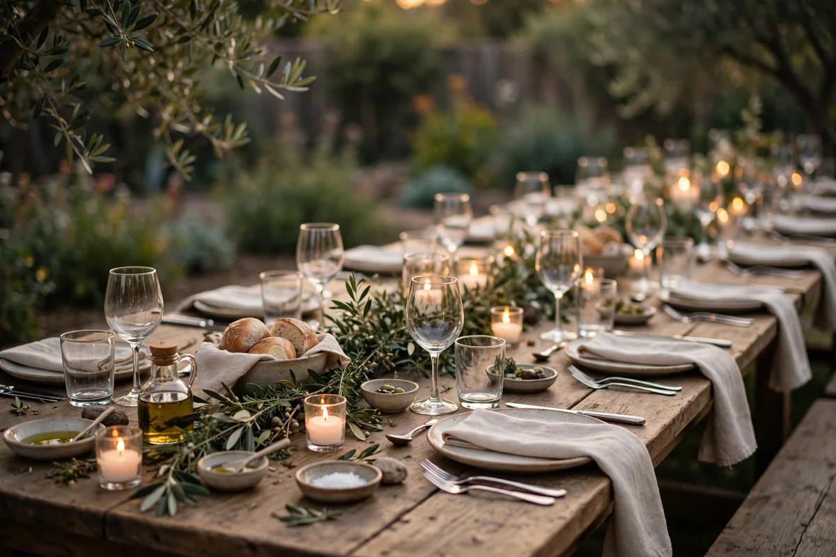 Intimate long wedding dinner table styled for a family style feast