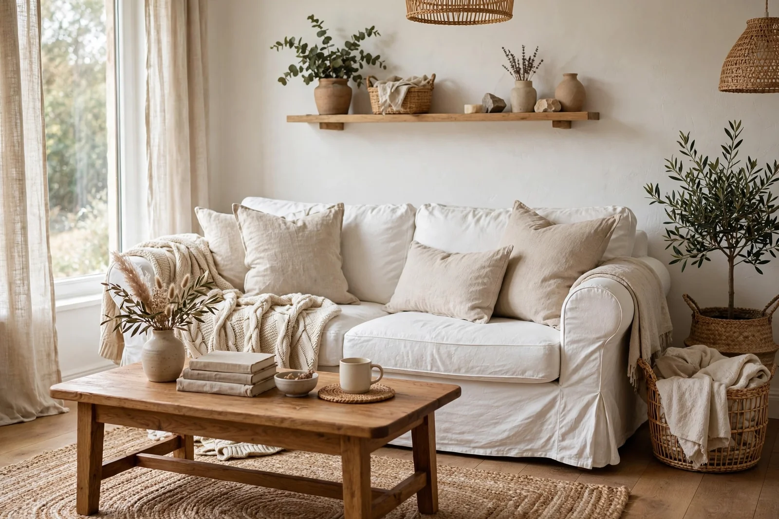 Bright living room with a white couch styled with oatmeal linen pillows, chunky knit throw and warm wood coffee table