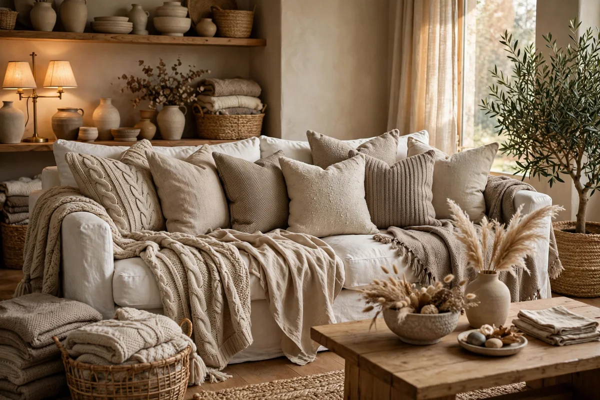 Layered neutrals around a white couch