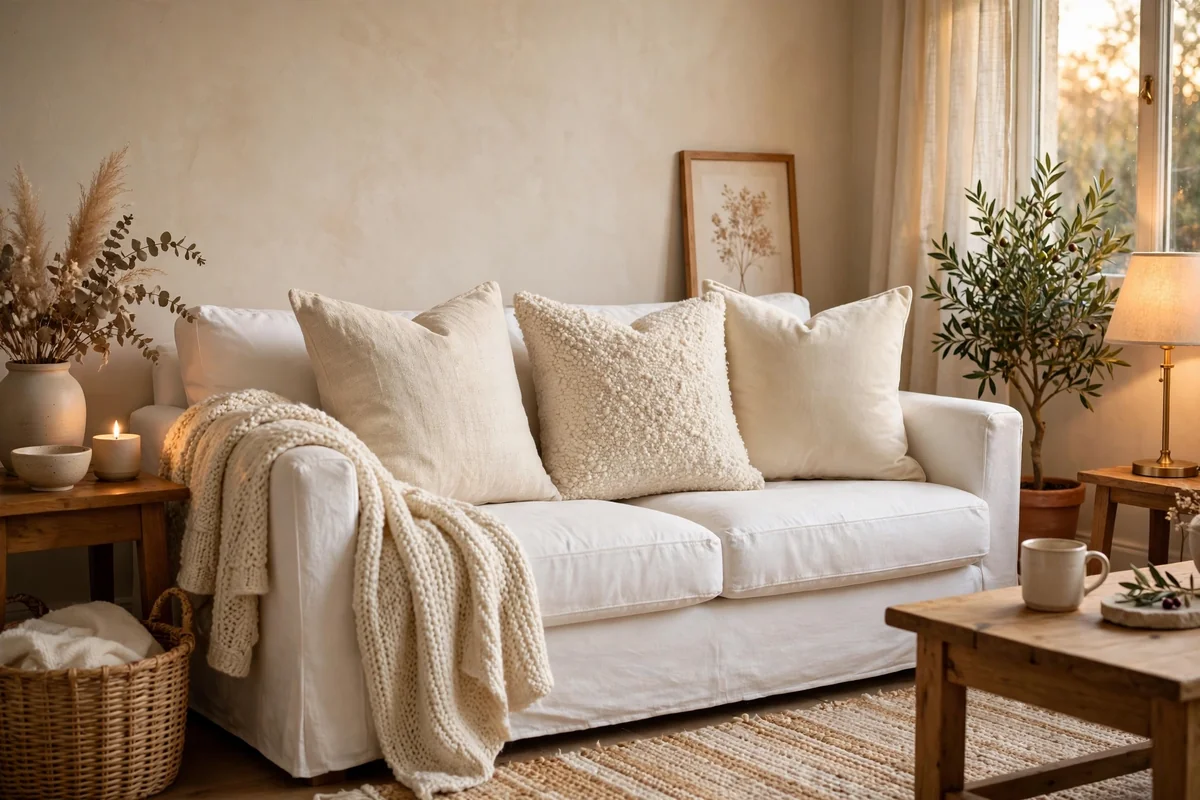 White couch with textured throws and pillows