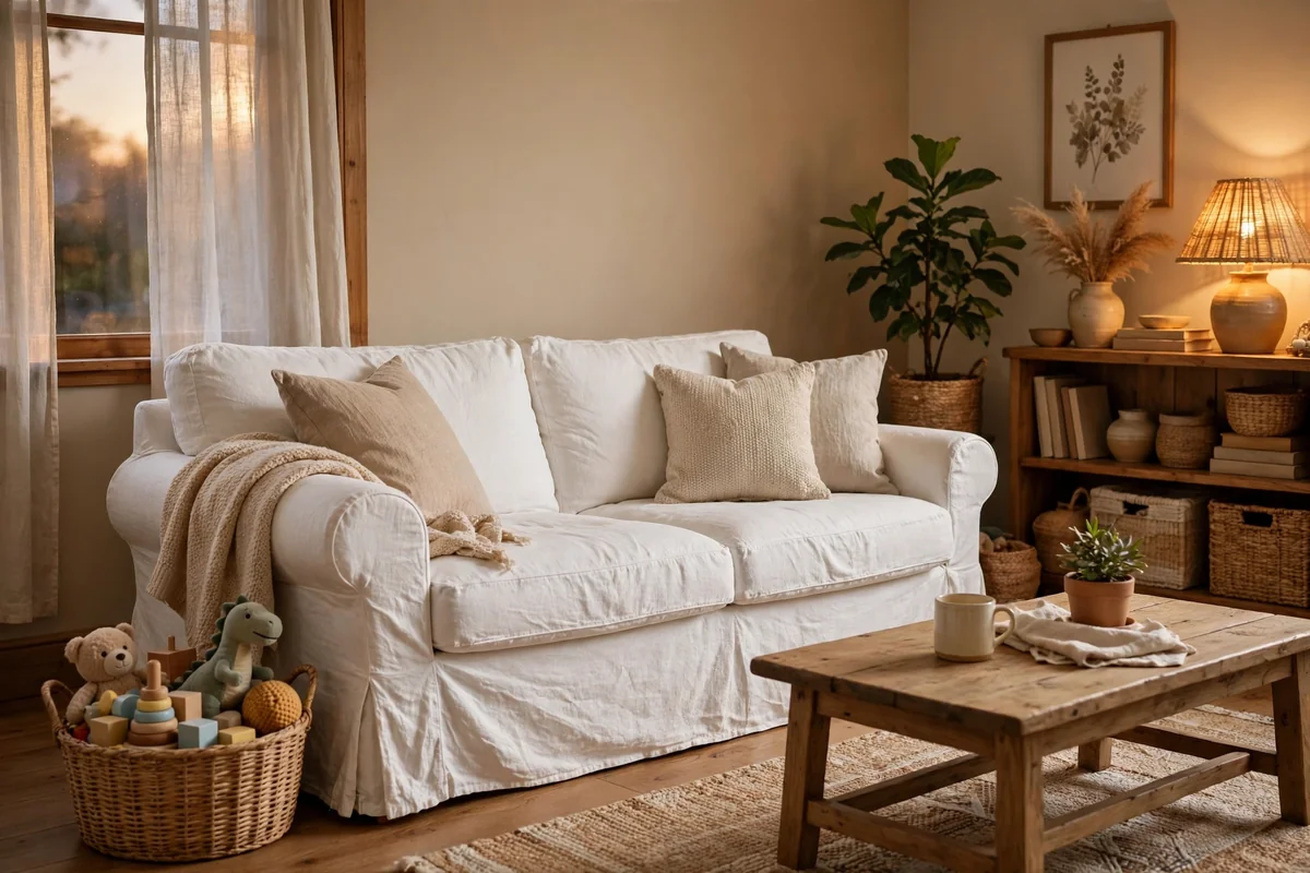 White slipcovered couch in a family living room