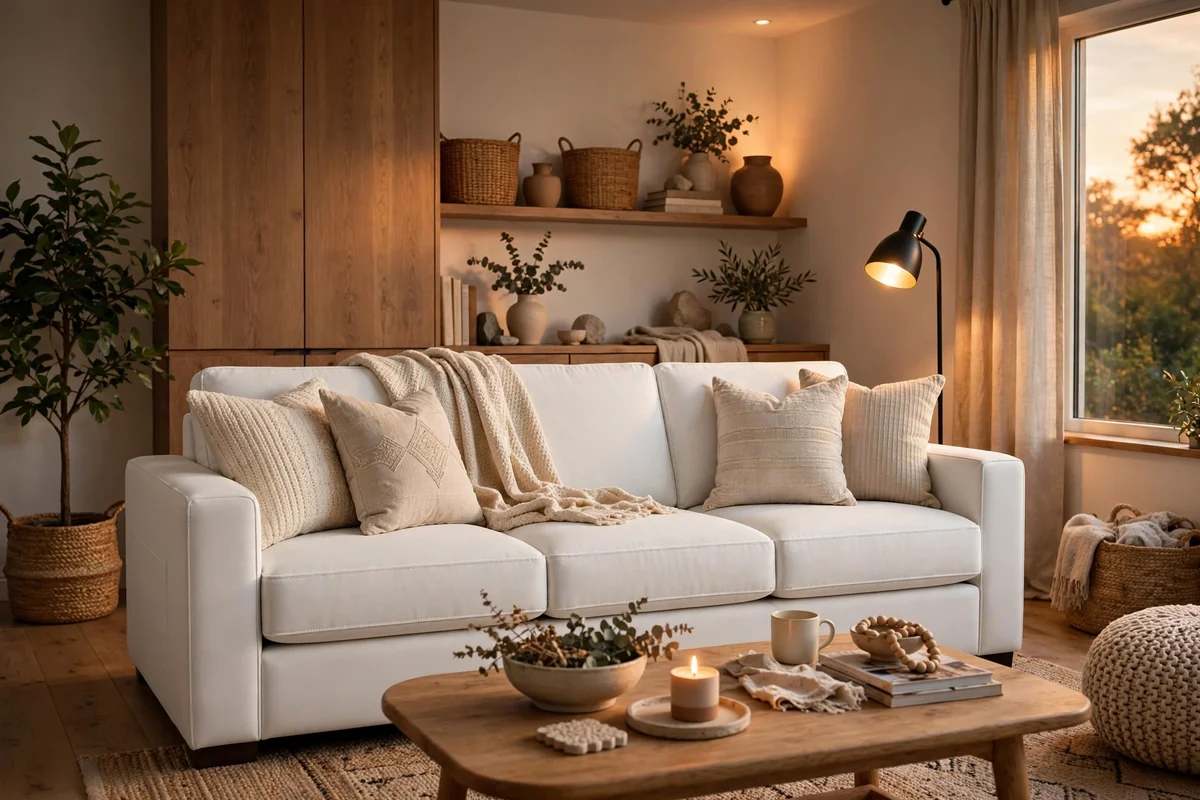 White performance fabric couch with kids