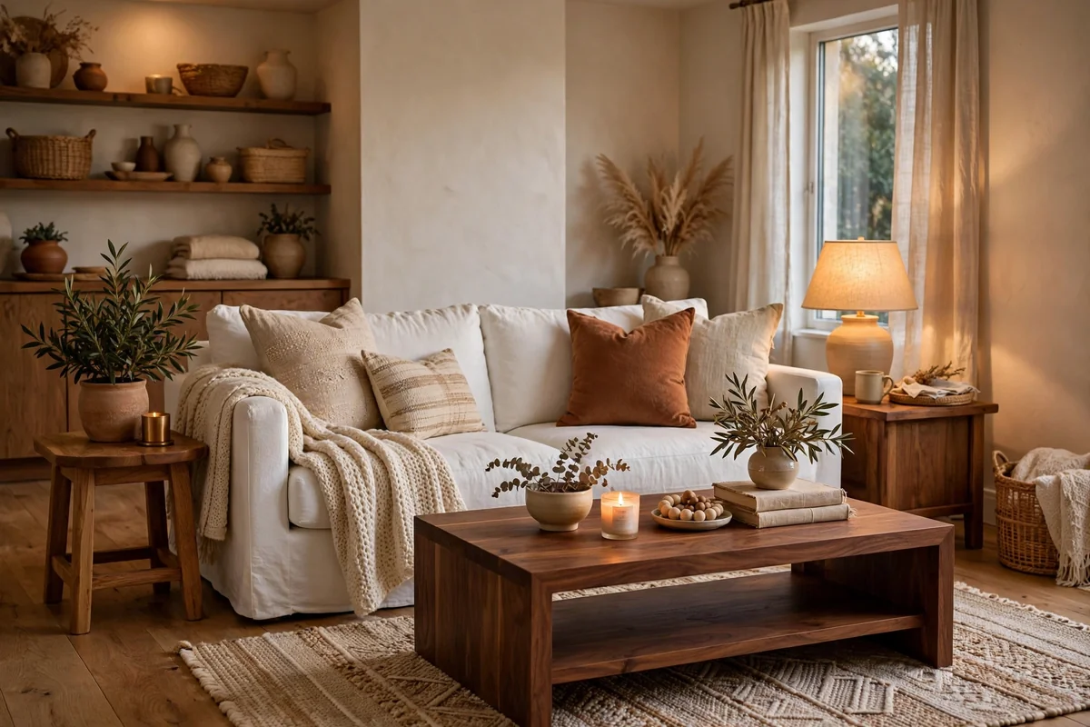 White couch with warm wood furniture