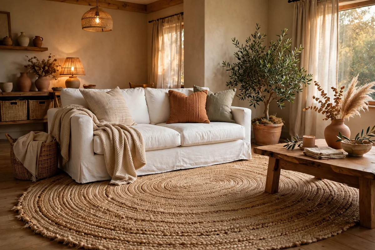 White couch with a natural jute rug
