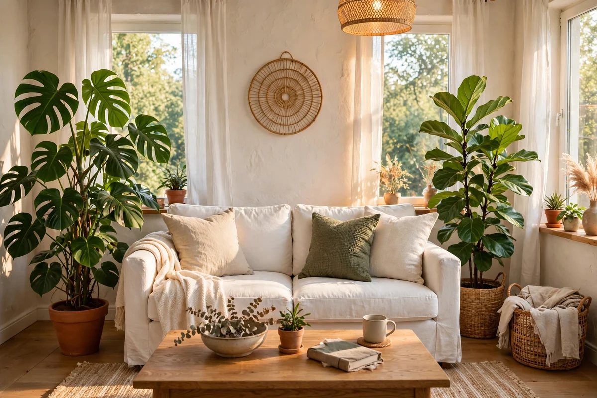 White couch with houseplants