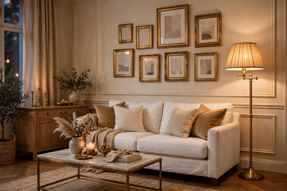 White couch with brass accents