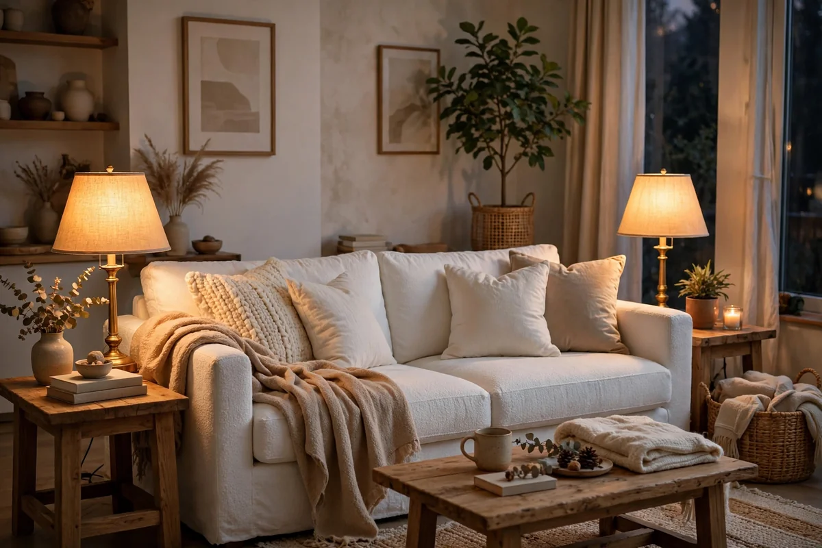 White couch in softly lit living room