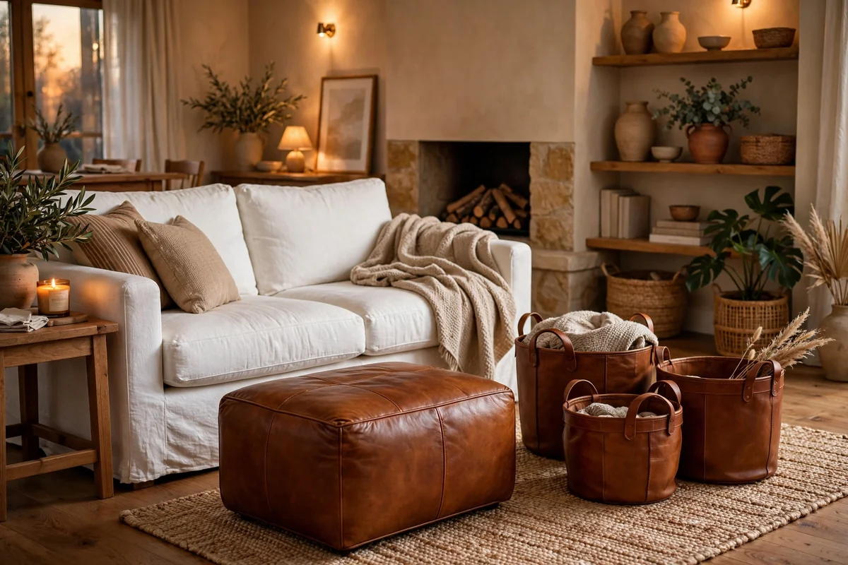 White couch with leather ottoman and accessories