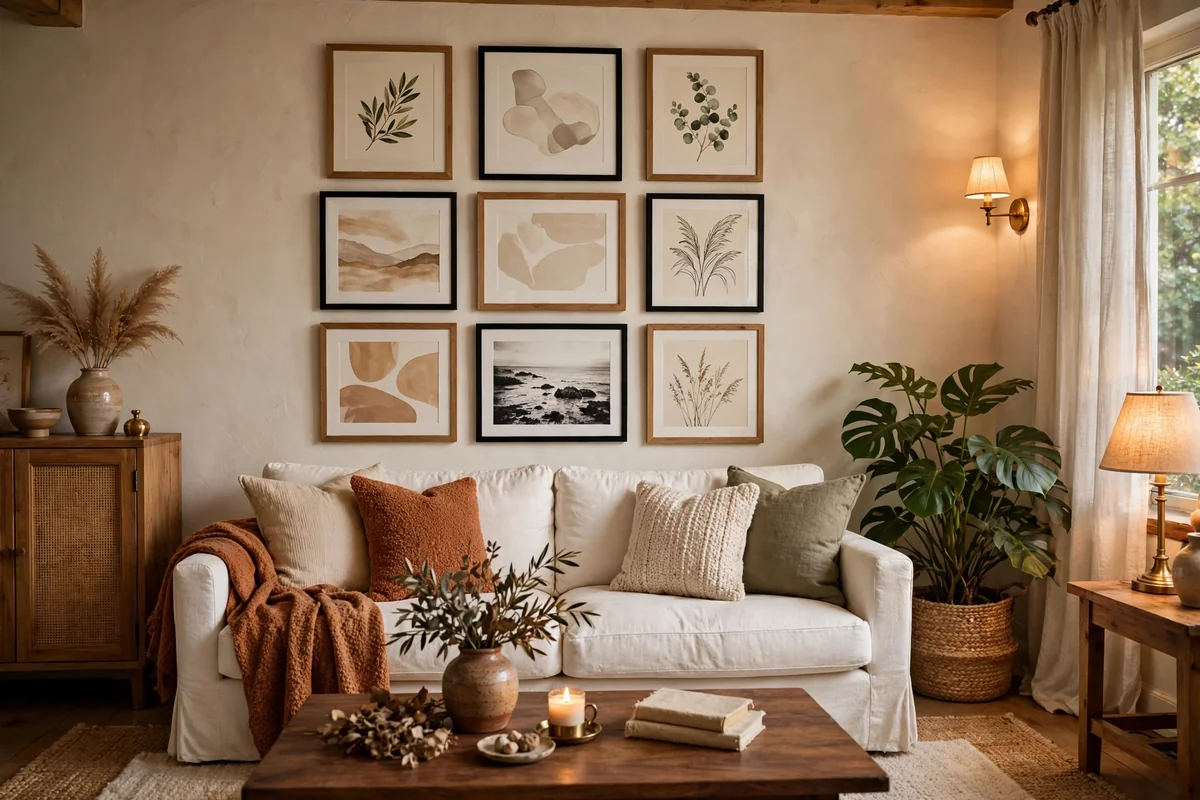 Gallery wall above a white couch