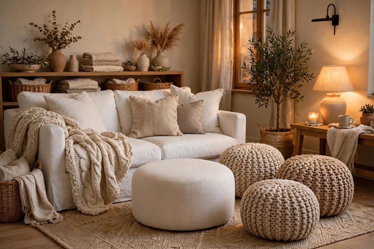 White couch with knit poufs and ottoman