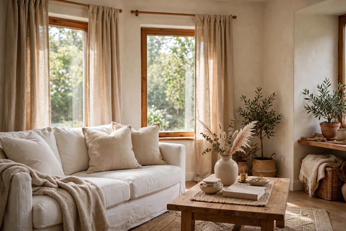 White couch with warm linen curtains