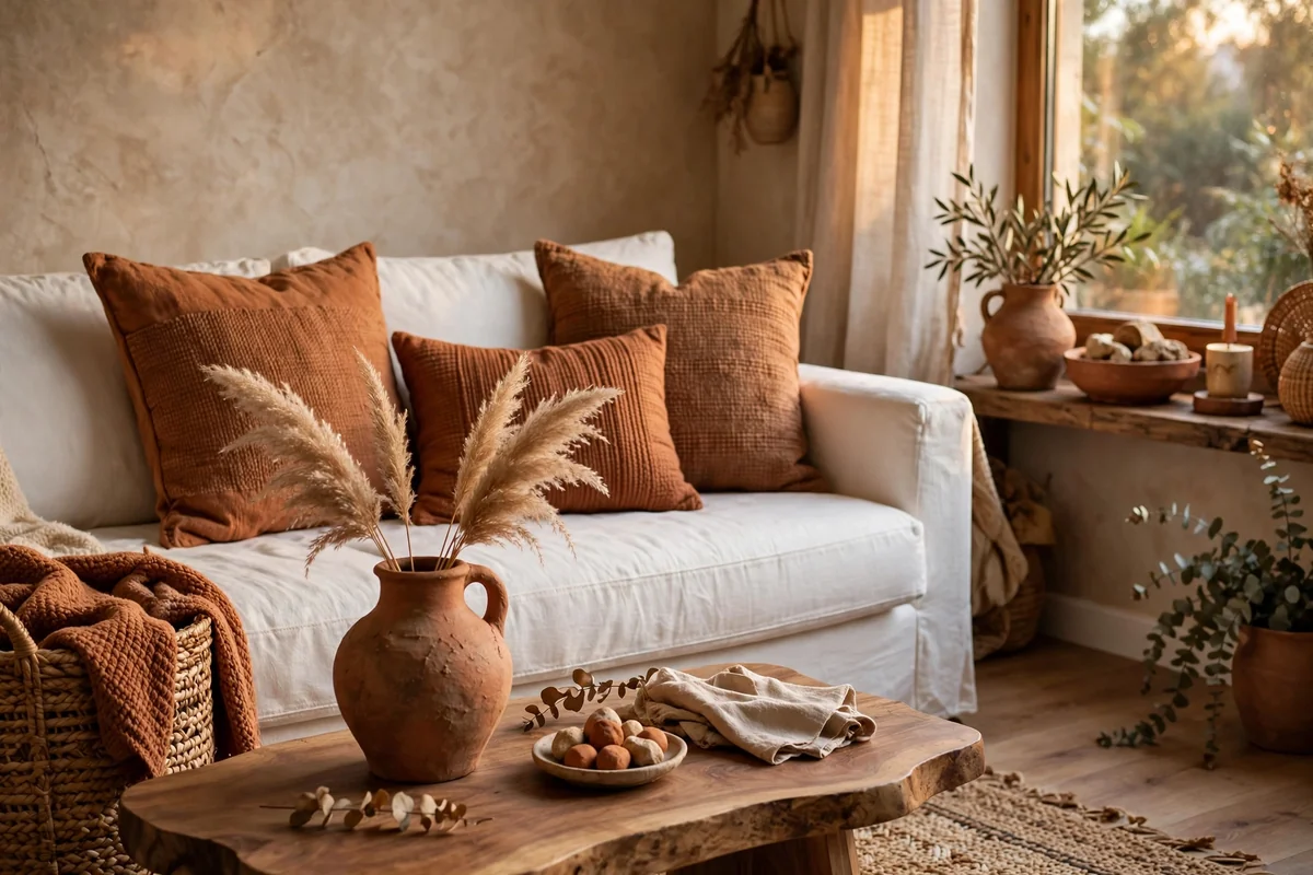 White couch with terracotta accents