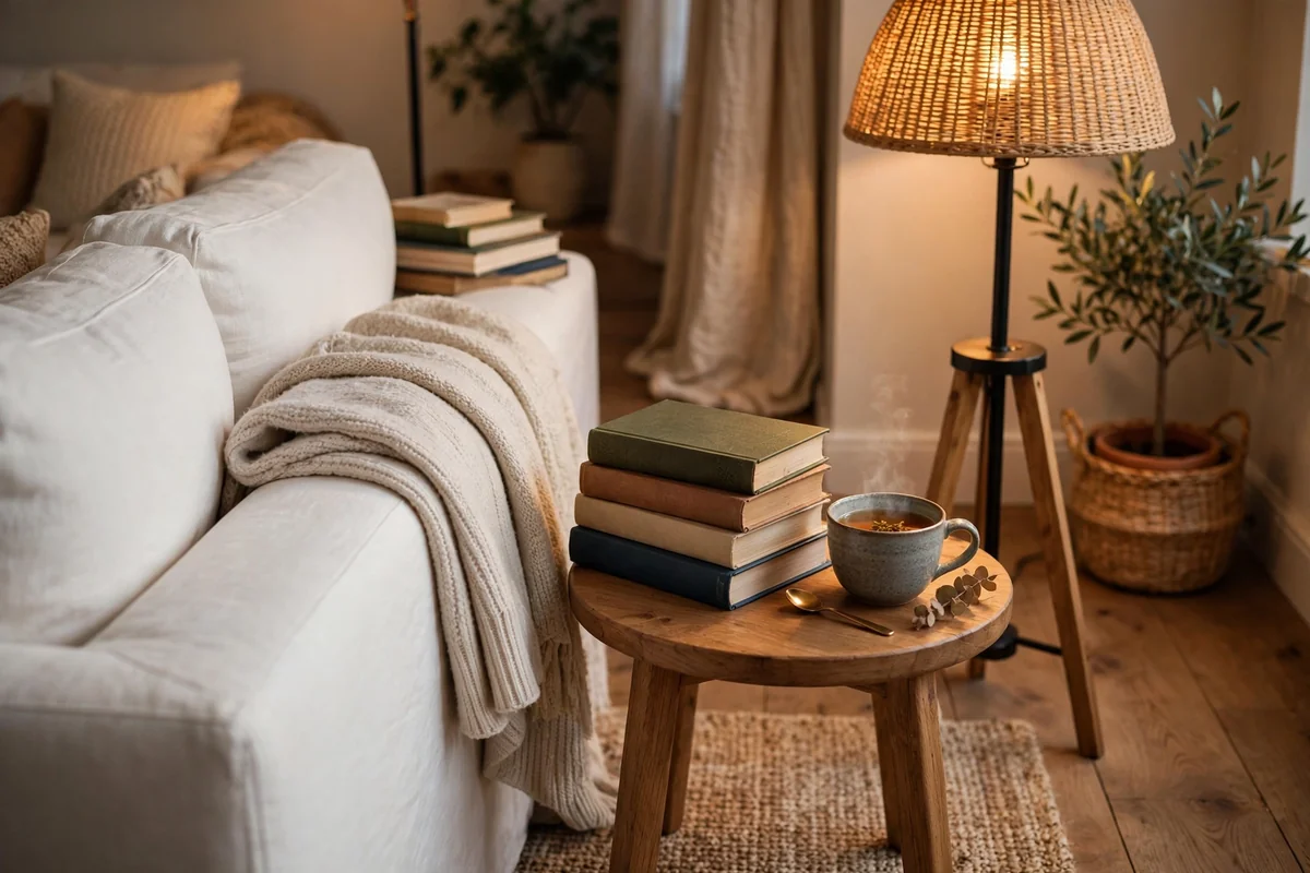 Reading corner beside a white couch