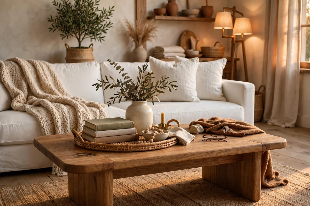 Styled coffee table in front of white couch