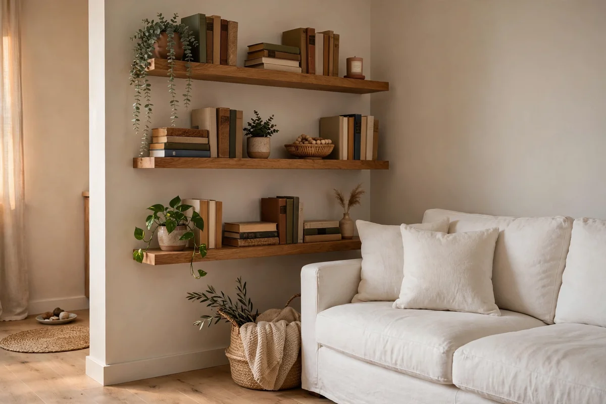 Floating shelves styled above a white couch