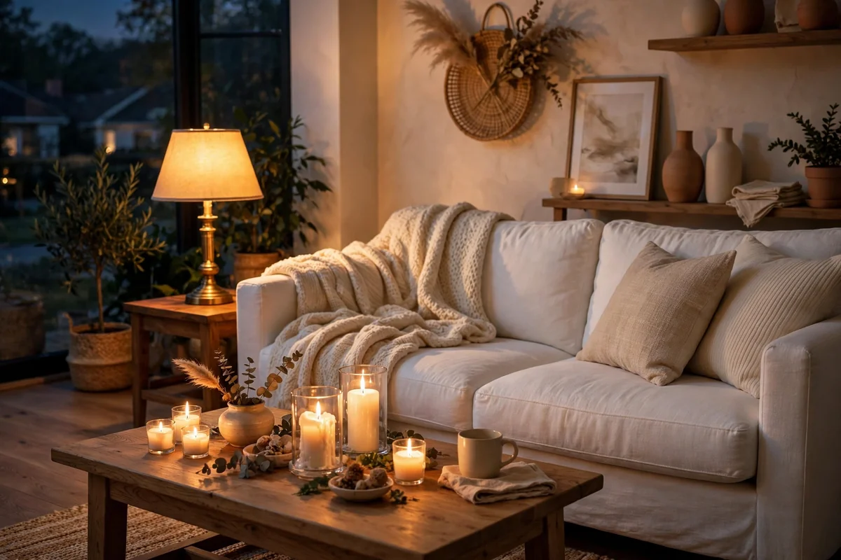 White couch glowing in evening lamplight