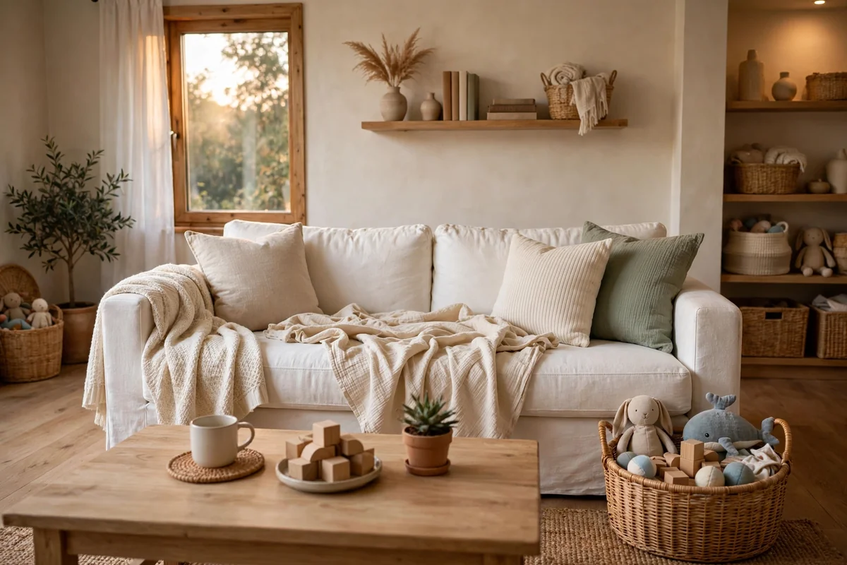 Family friendly white couch setup