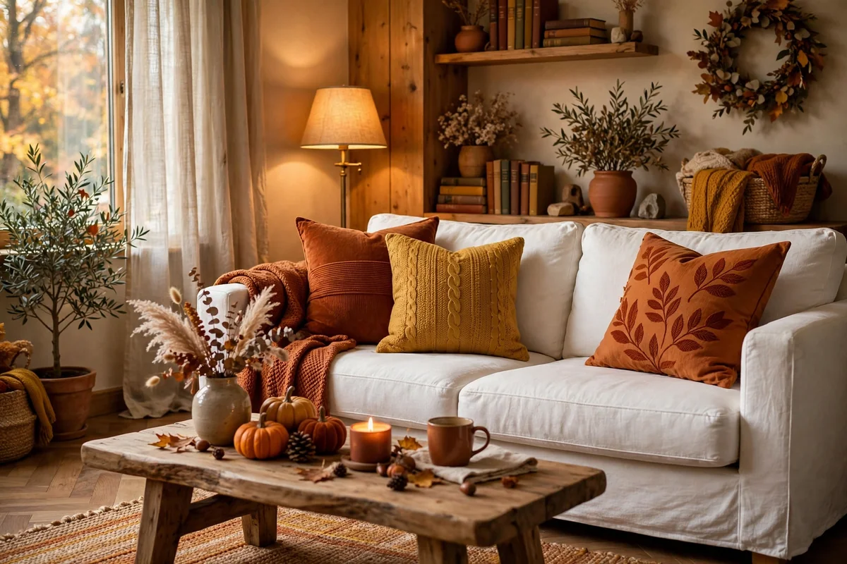 White couch with seasonal pillows