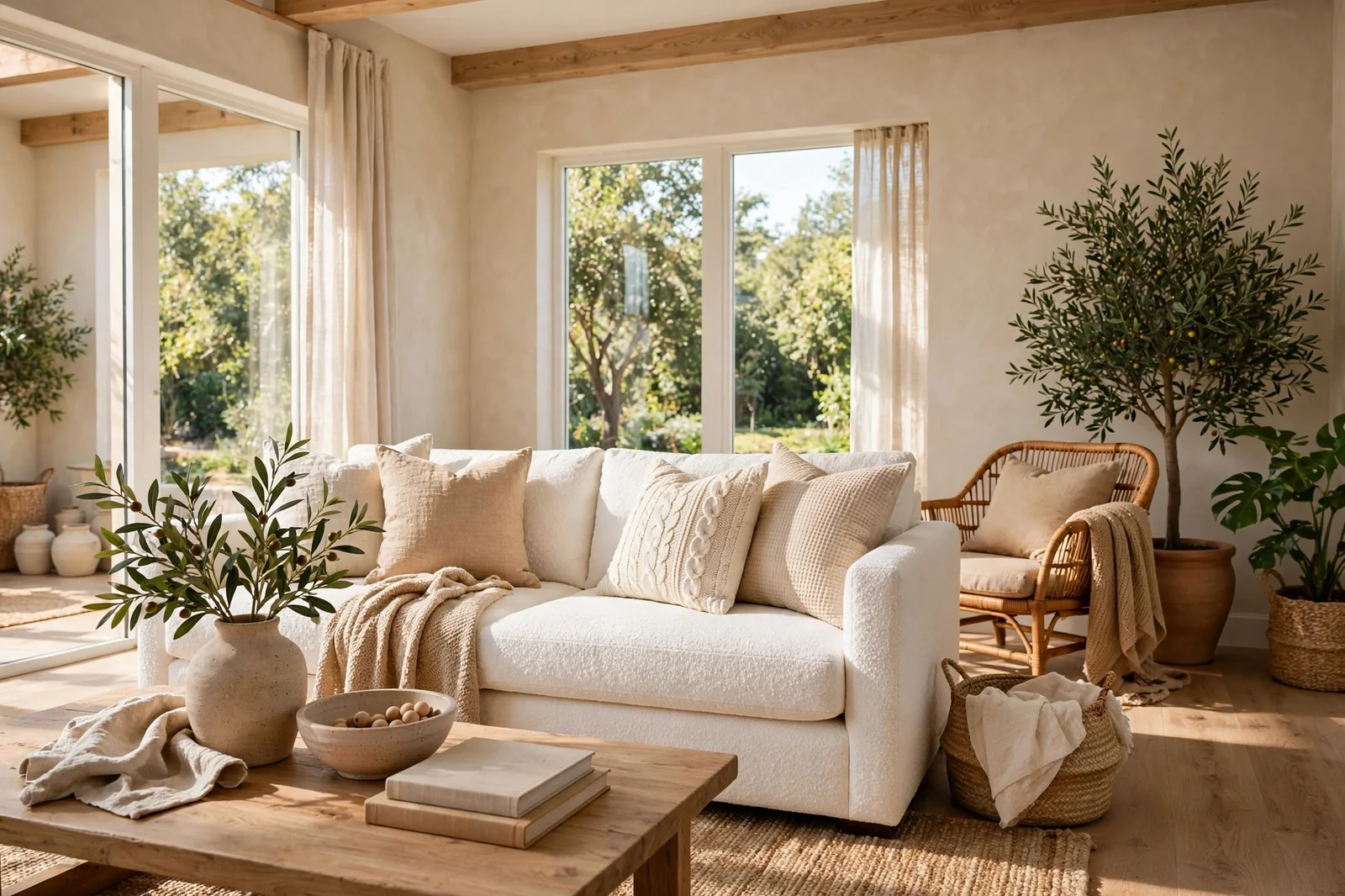 Bright living room with white sofa and warm neutral textures