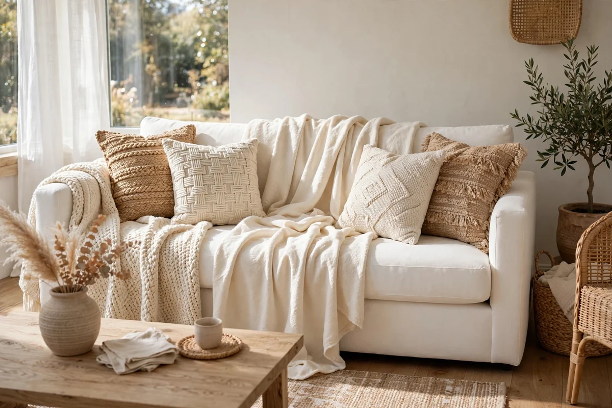 White sofa with warm neutral textures