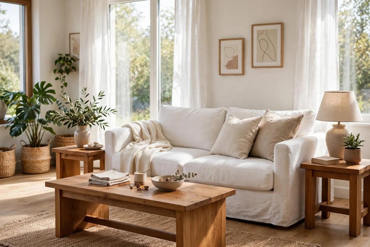 White sofa with natural wood furniture