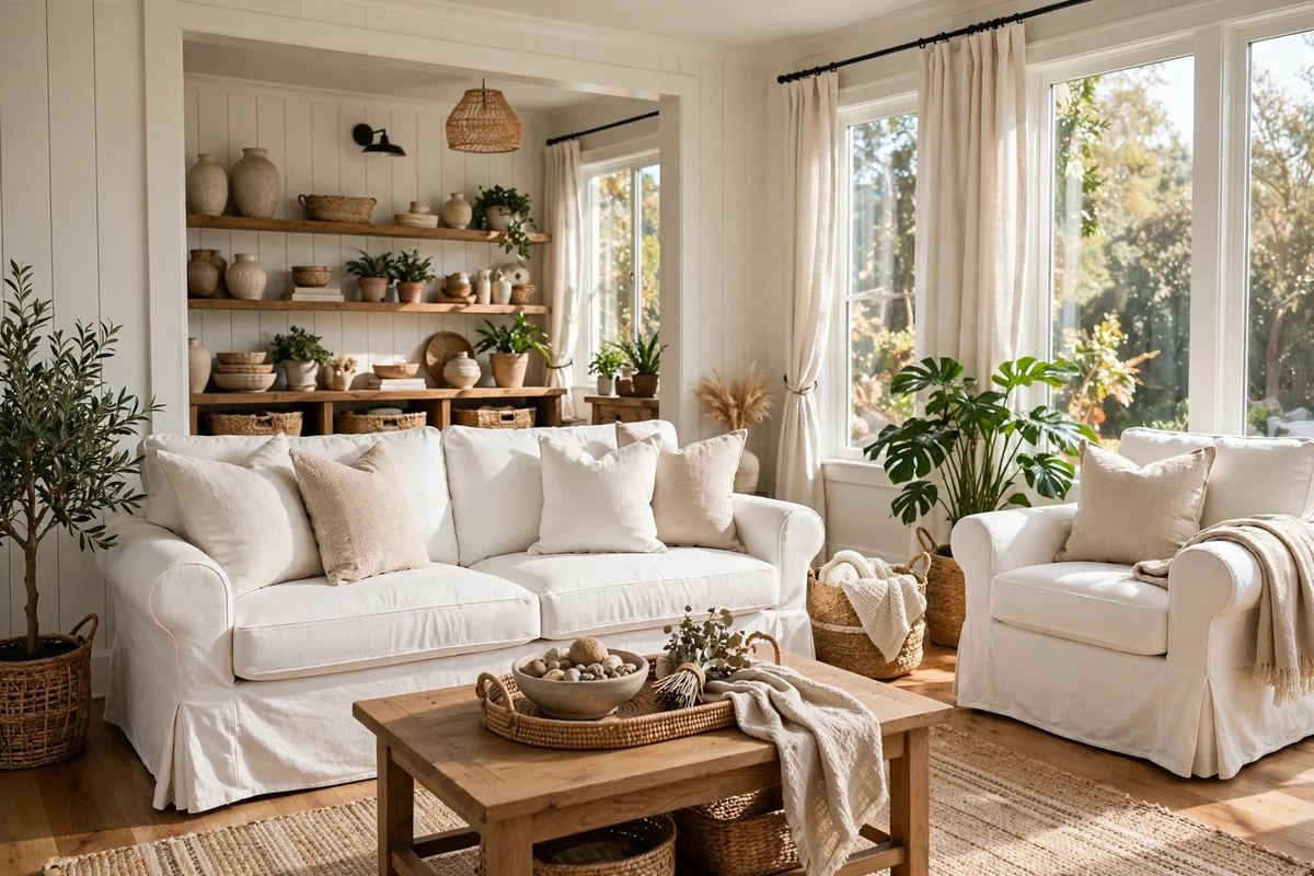 White slipcovered sofa in living room