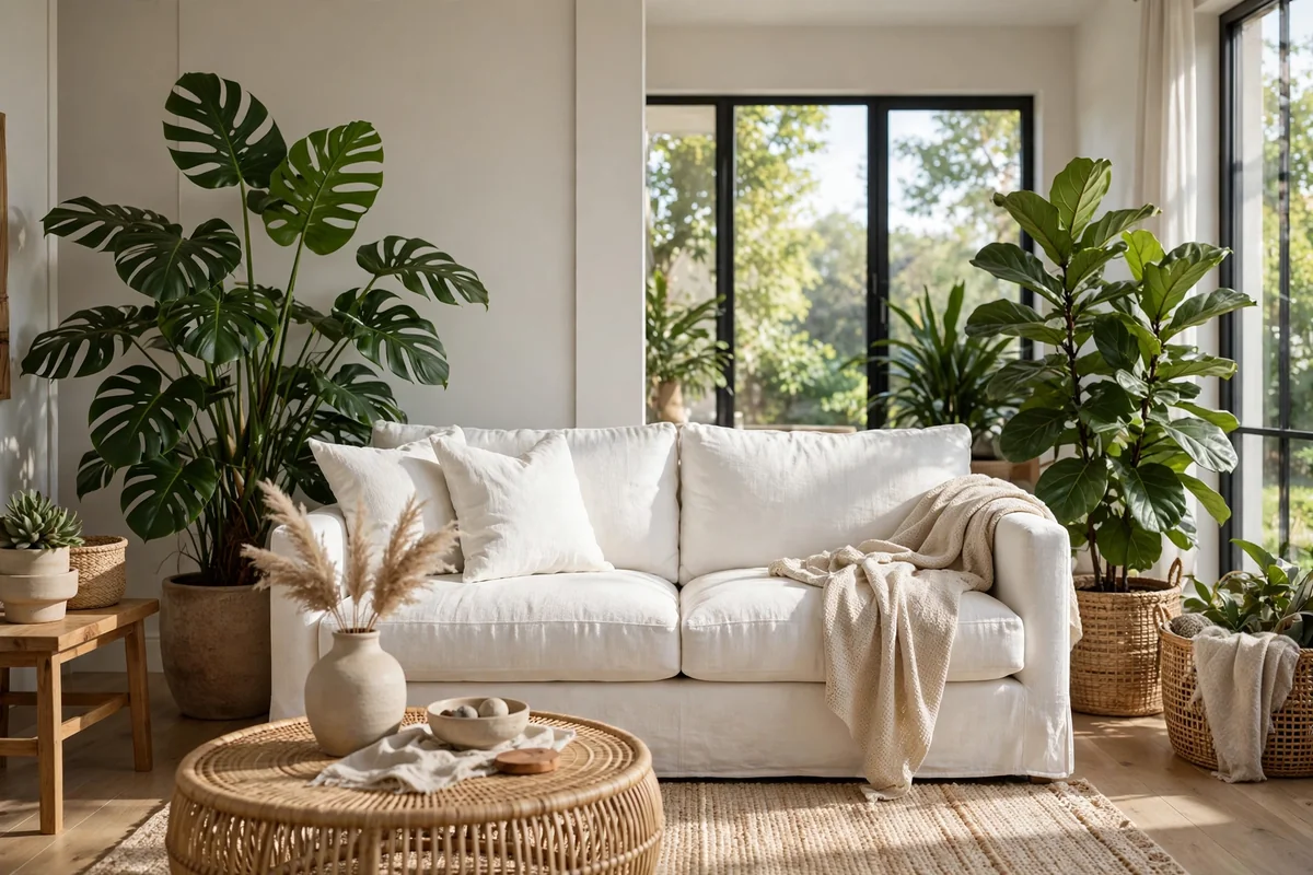 White sofa with green plants