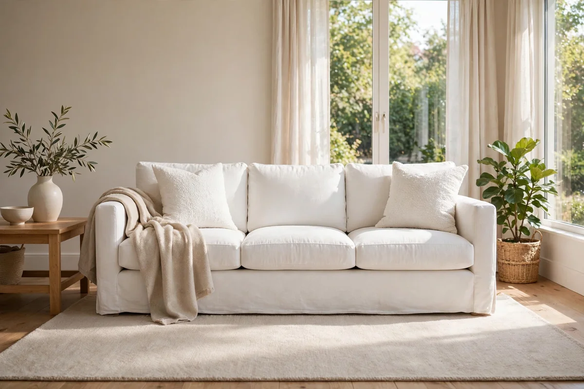 White sofa on soft area rug