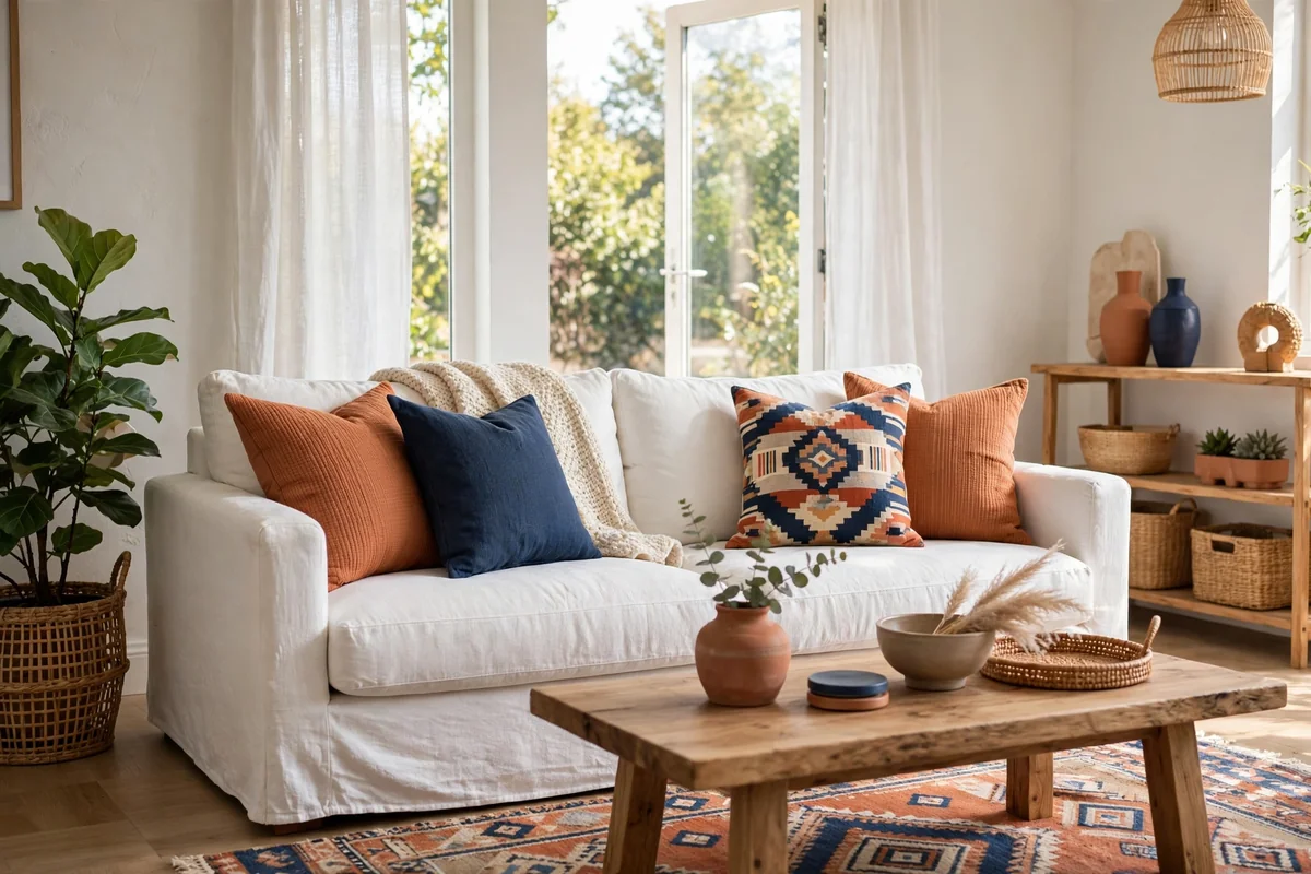 White sofa with colorful pillows